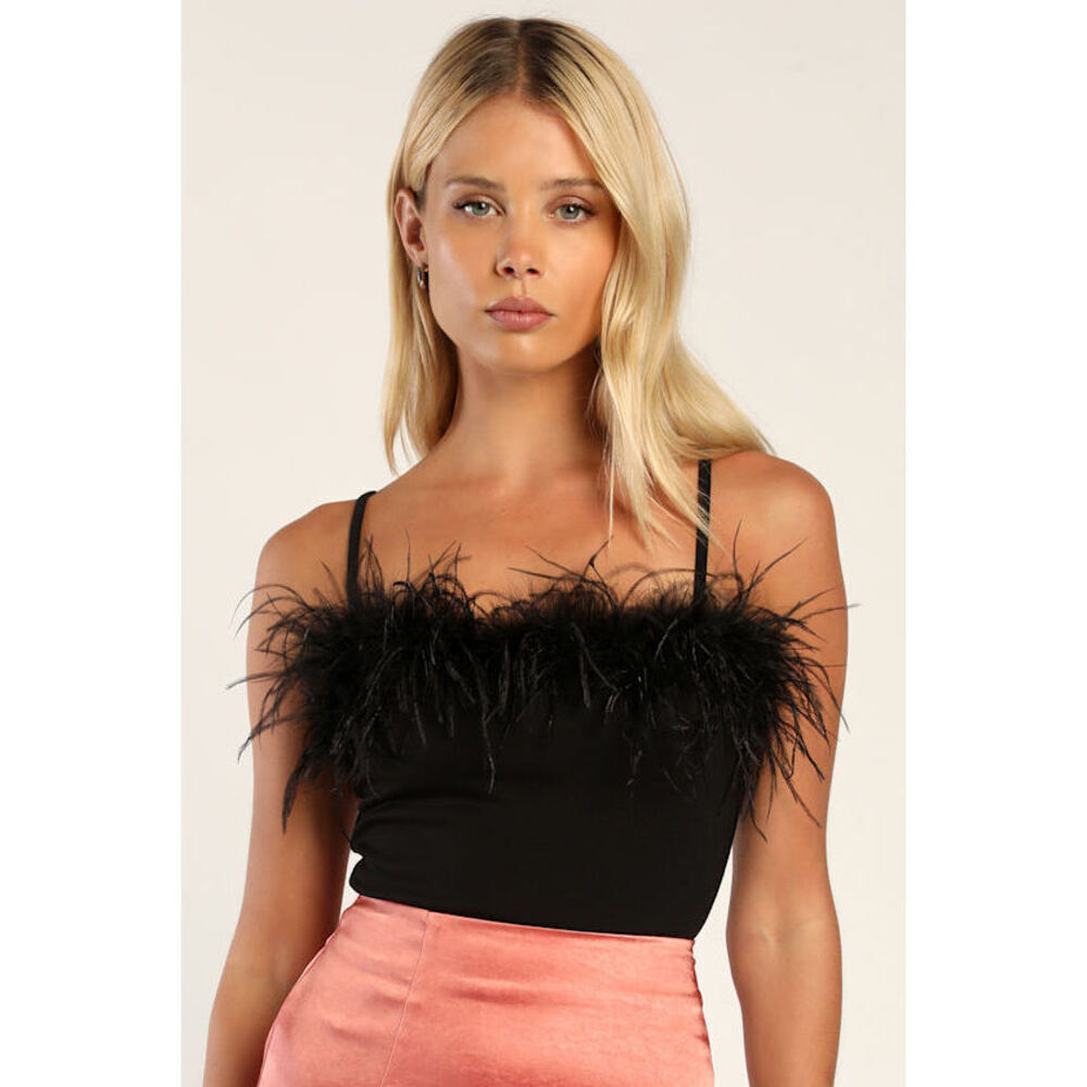 Lulus Living For Luxury Black Feather Sleeveless Bodysuit - Size S